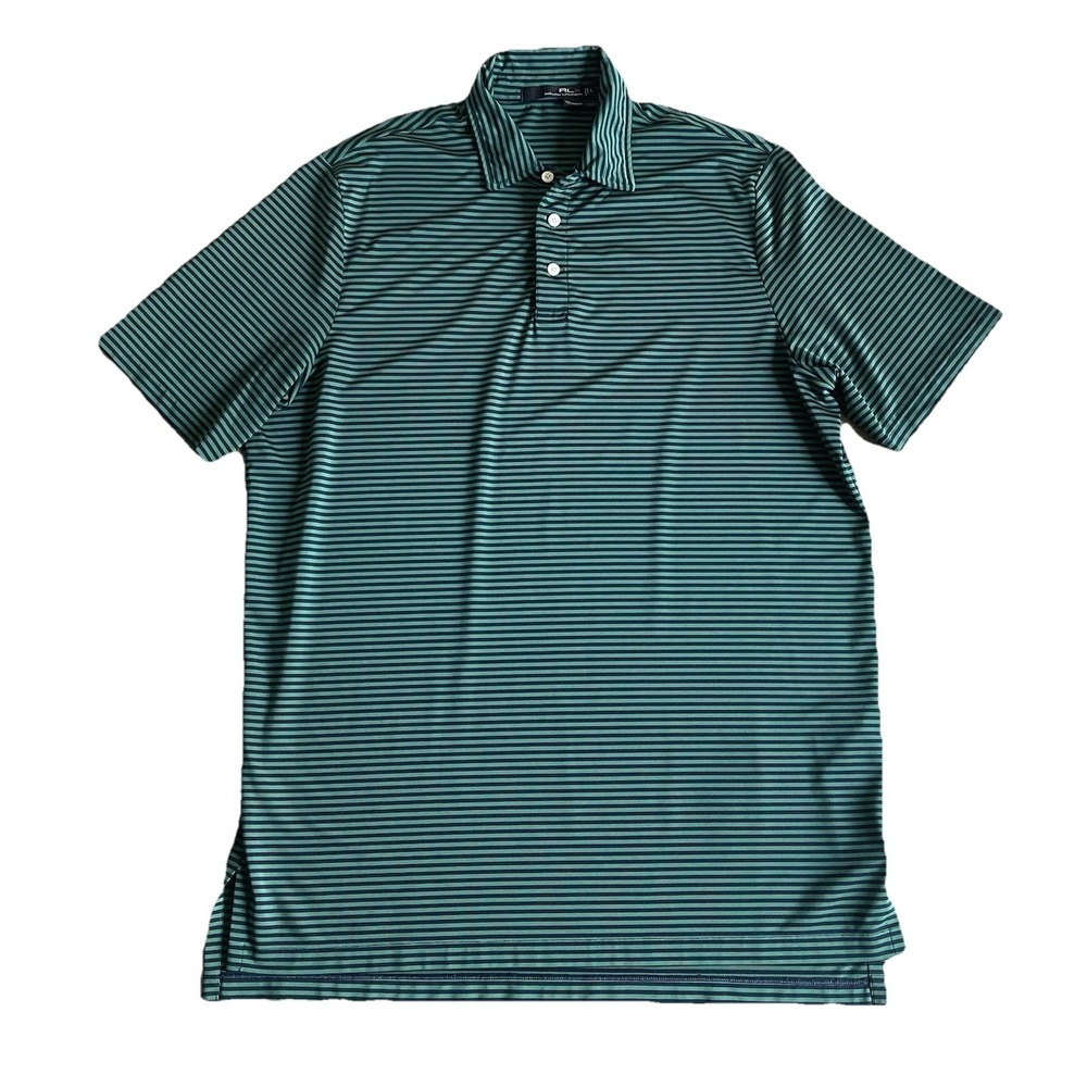 Ralph Lauren RLX Polo Shirt Mens Large Green Blue Striped Rugby Preppy
